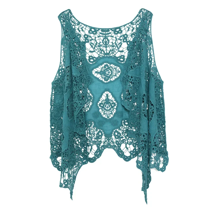 2023 NewSummer Thin Coat Sleeveless Lace Cardigan Shawl Beach Suit Sun Protection Clothing Women's Hollow Air Conditioning Shirt