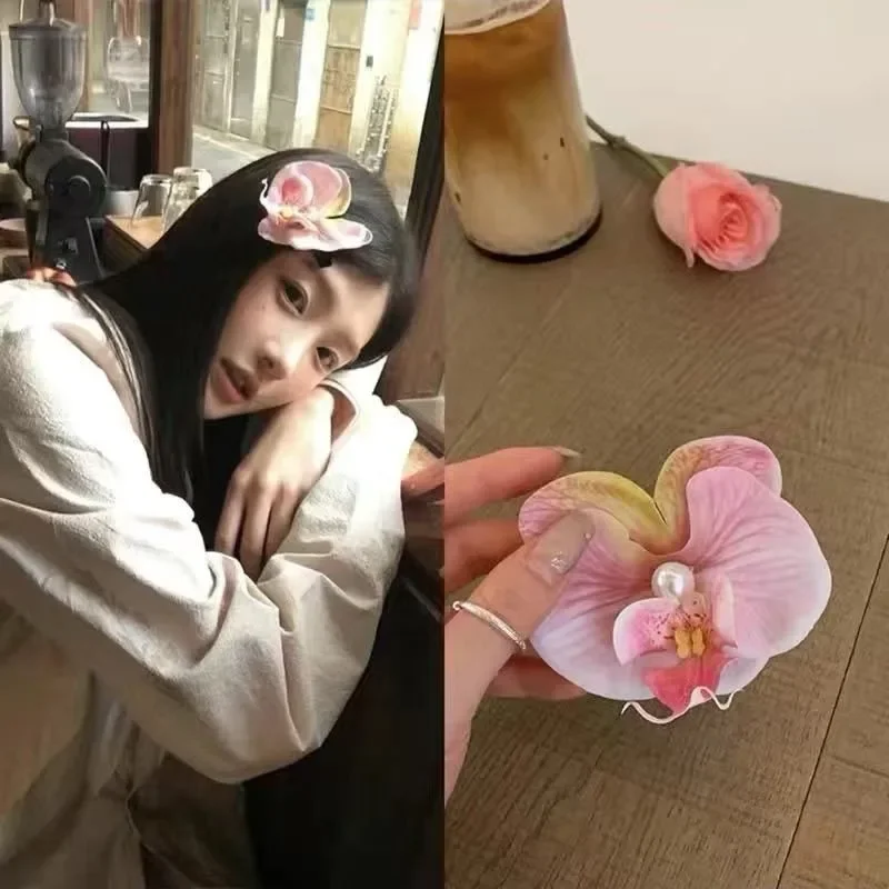 Dolce rosa fiore di orchidea fermaglio per capelli copricapo coreano fiore di perla hairgrip mollette ornamento accessori per capelli da sposa della Boemia - immagine 5