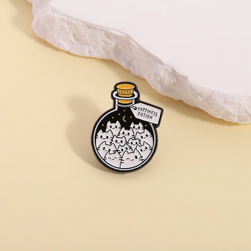 Cartoon Cat Happiness Potion Enamel Pin Cat Enthusiasts Metal Brooch Lapel Backpack Badge Jewelry Gift Kids Friends