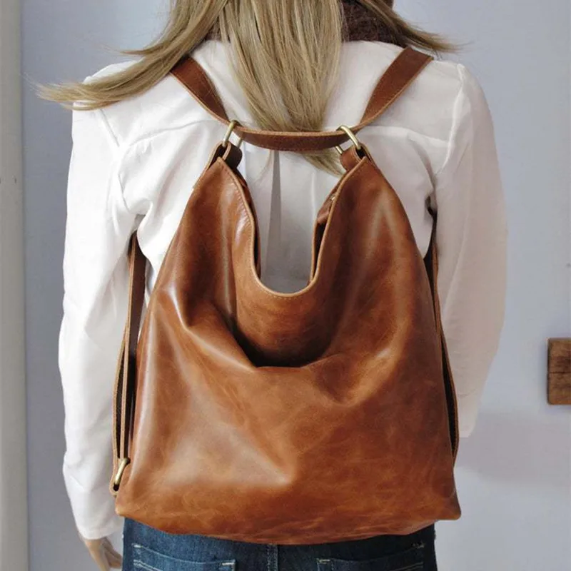 Vintage soft leather women's shoulder bag multifunction backpack large capacity female handbag fashion crossbody bag