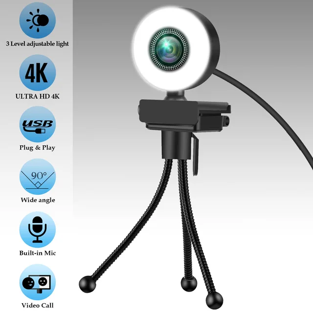 4K Webcam 2K Full HD Web Camera With Microphone LED Fill Light USB Web Cam Rotatable For PC Computer Laptop for Youtube