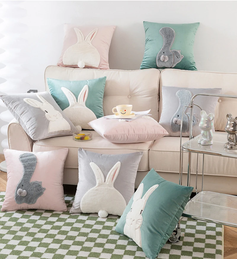 

Lovely Rabbit Cat Patchwork Embroidered Cushion Cover Solid Velvet Pillow Case 45*45 Home Sofa Pillow Cover Decorative