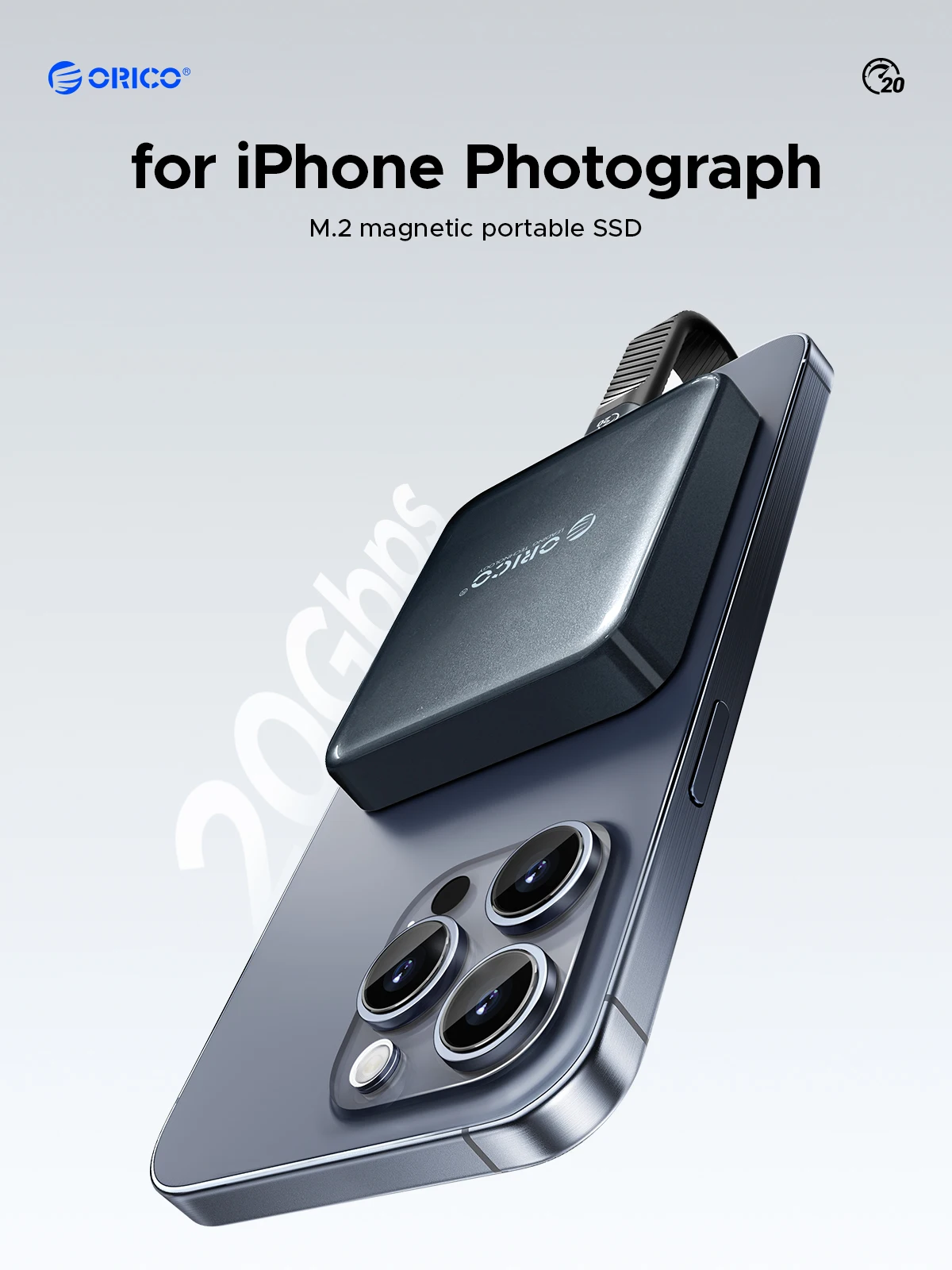 ORICO 마그네틱 휴대용 SSD, 4K ProRes 비디오 녹화 지원, 아이폰 15 프로 시리즈 외장 솔리드 스테이트 드라이브, USB3.2, 20Gbps