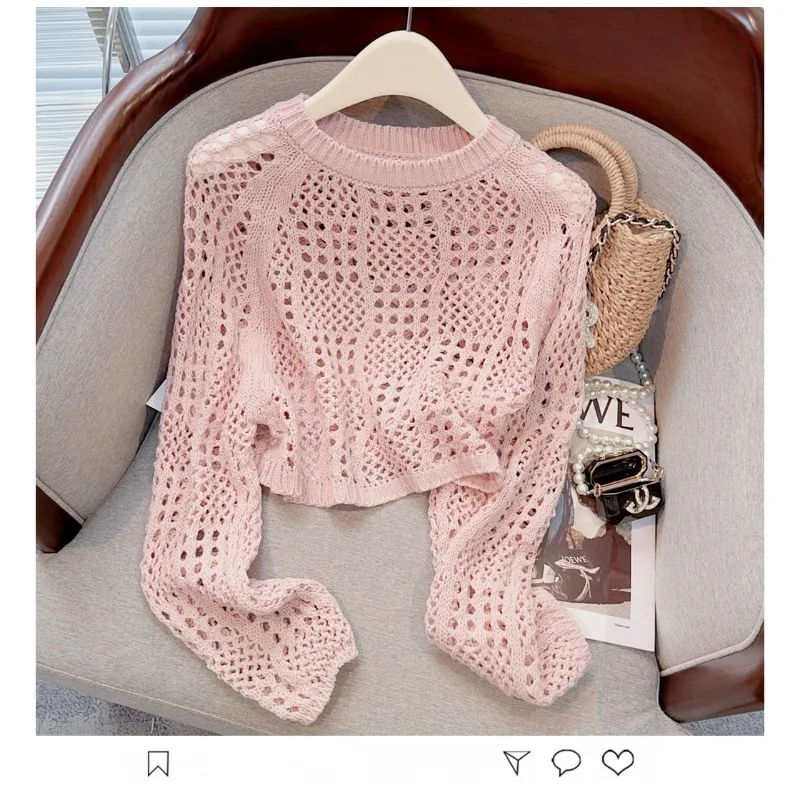 

Thin Short Sweater Pullover Women's Jumper Korean Fashion Knitted Tops Summer Hollow Out Sexy Casual Streetwear Chic Style N854