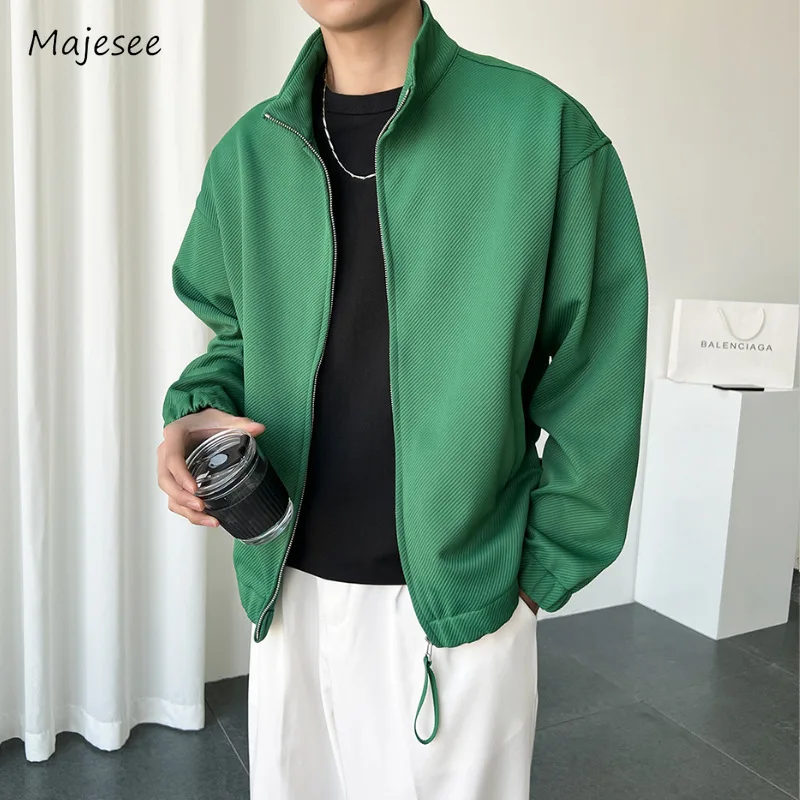 

Solid Jackets Men Loose Simple Turn-down Collar Moto Biker Spring Autumn Daily Handsome Prevalent High Street European Style