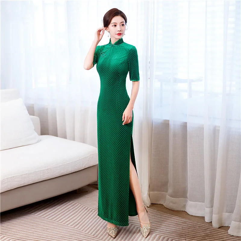 2023 New Autumn Velvet Cheongsam Plus Size Qipao Women Vintage Plaid Dress Wedding Party Costume Evening Dresses S To 6XL