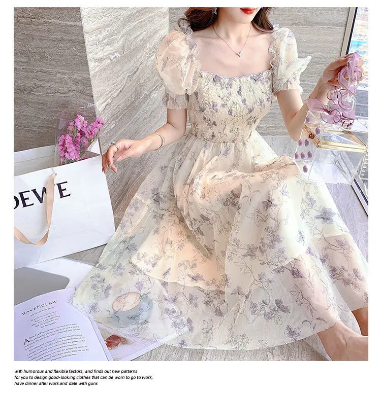 Korean Elegant Fashion Chiffon Dress Summer French Vintage Floral Dress  Square Collar Puff Short Sleeve Ink Painting Dress 20827 - Dresses -  AliExpress