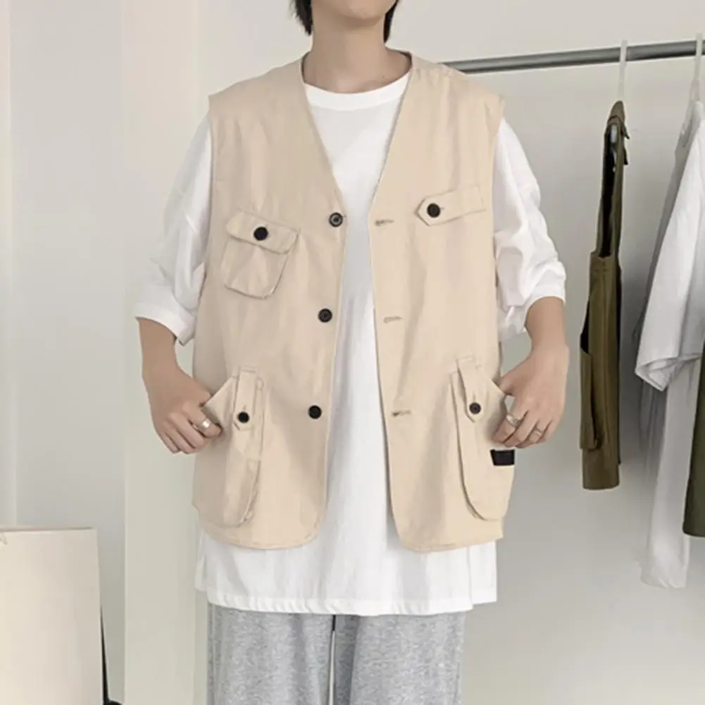 

Breathable Men Waistcoat Men's Collarless Sleeveless Cargo Waistcoat with Multi Pockets Solid Color Outdoor Vest Coat for Casual