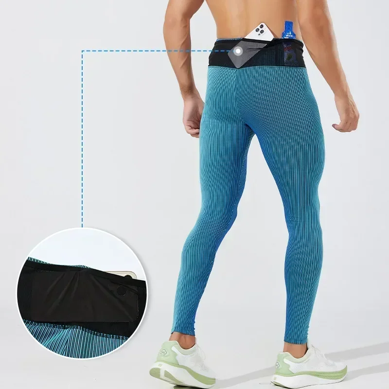 Marathon Running Tights Men's Gym Compression Pants Pockets Elastic Yoga Leggings Sports Fitness Double Deck Workout Trousers