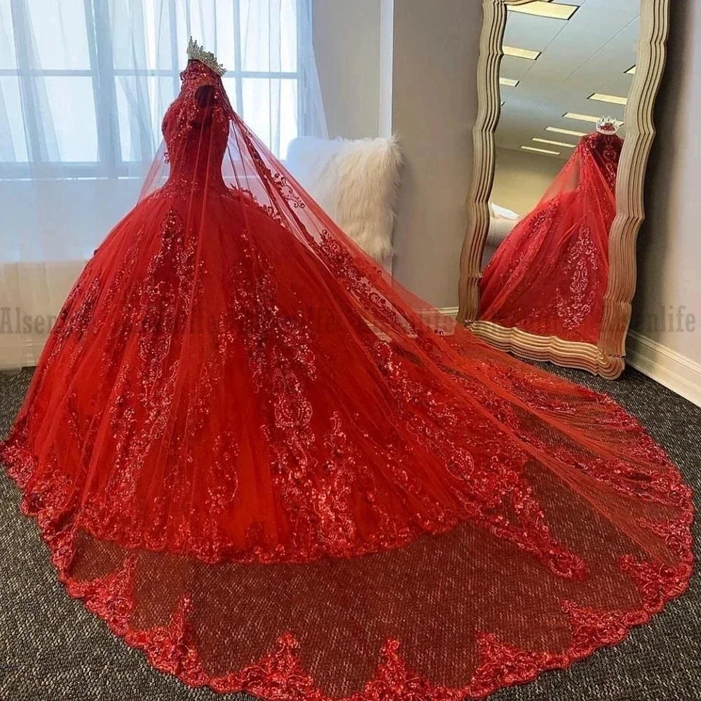 

Роскошное красное бальное платье, платье для Quinceanera с накидкой, блестящее платье с блестками и аппликацией, вечернее платье на день рождения и выпускной, платья для 15 лет
