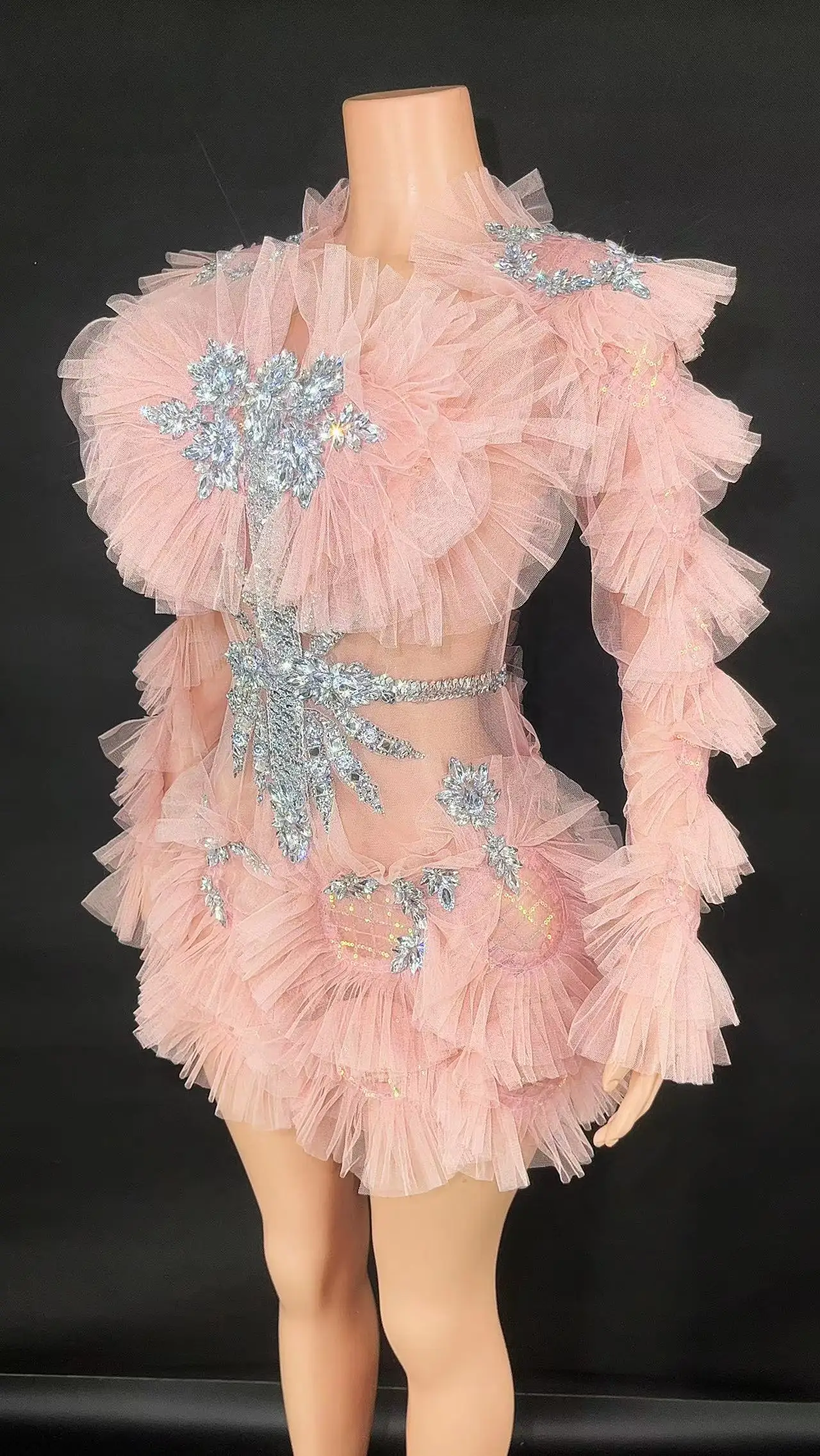 Sparking Diamonds Crystal Sexy Mesh See Through Bodycon Mini Dress Women Birthday Party Celebrate Performance Costume