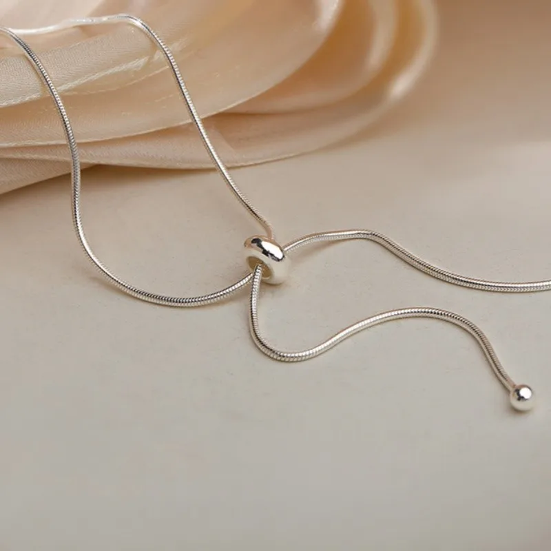 Silver Color Pull-out Adjustable Sweater Chain High-grade Necklace for Women Snake Bone Collarbone Chain Jewelry Gift