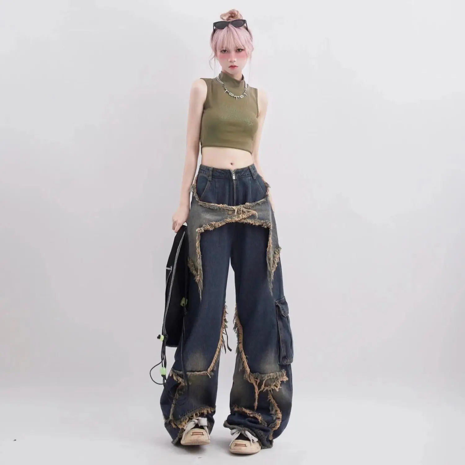 New American Vintage Washed Five-Point Star Frayed Hem Jeans for Women High Street Niche Oversized Straight Leg Long Pants 2