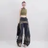 New American Vintage Washed Five-Point Star Frayed Hem Jeans for Women High Street Niche Oversized Straight Leg Long Pants 2