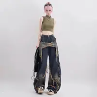 New American Vintage Washed Five-Point Star Frayed Hem Jeans for Women High Street Niche Oversized Straight Leg Long Pants 2