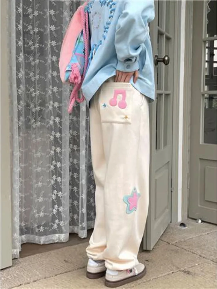 

Japanese Casual Loose Embroidery Mujer Pantalones Women Harajuku Punk Goth Star Pants High Waist Pocket Pantalones Y2k Aesthetic
