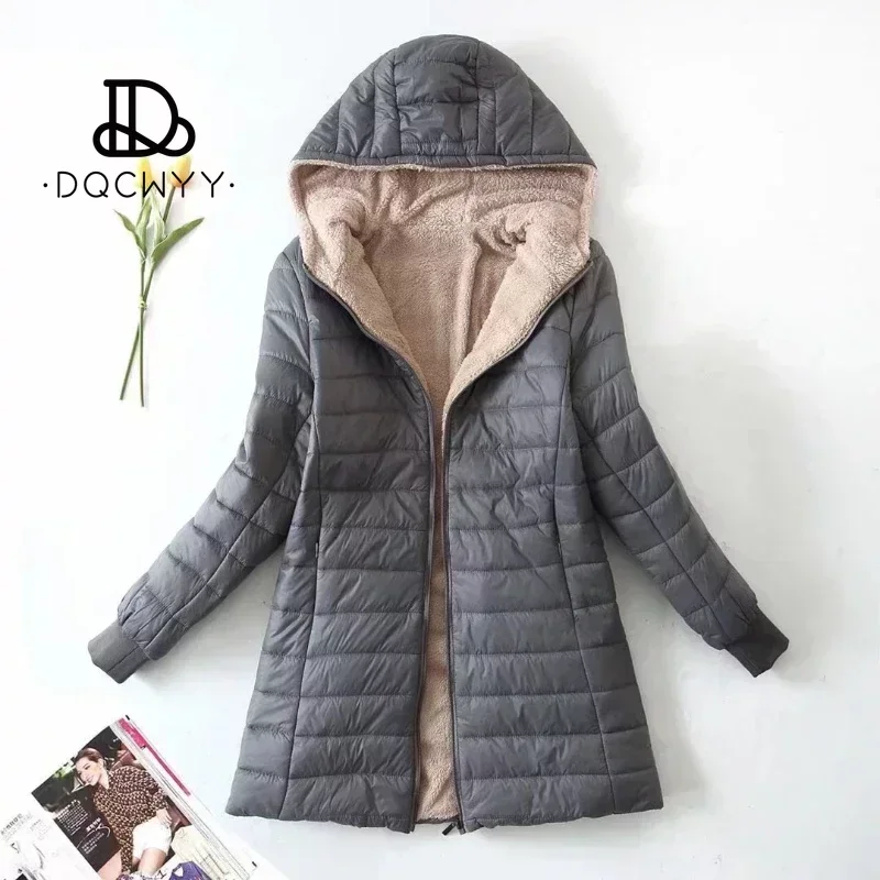 Women's Jacket Winter New Mid Length Korean Edition Hooded Fit Plus Fleece Cotton Coat Warm Lamb Fleece Parkas Winter Jackets 4