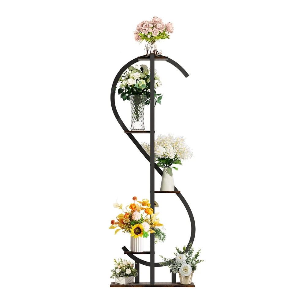 Multi Tiers Metal Tall Plant Rack S-Shaped Corner Flower Pot Display Stand for Indoor Outdoor