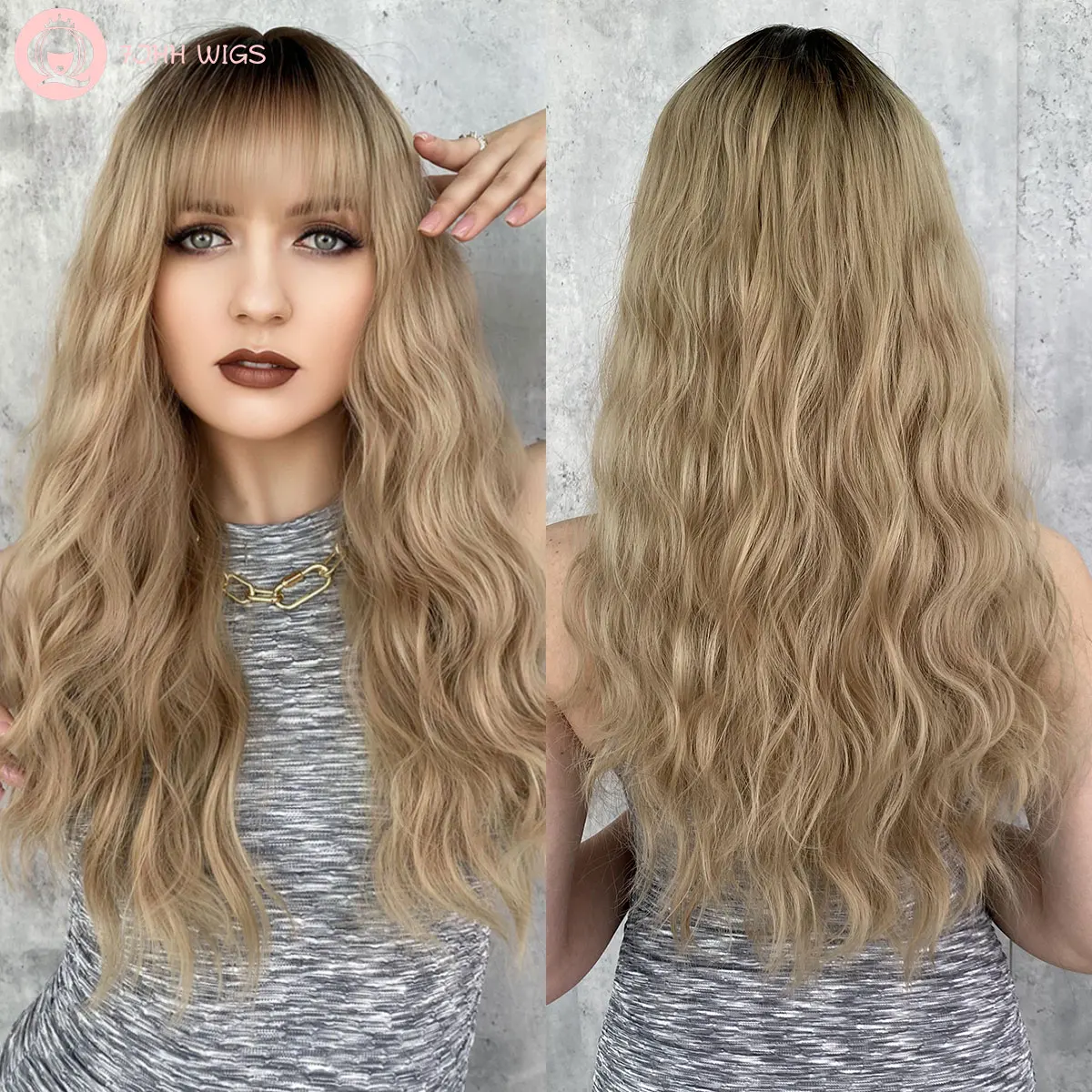 7JHH WIGS Ombre Blonde Wig with Bang Long Curly Hair Wigs Synthetic Natural Hair for Women 26 Inches Daily Used