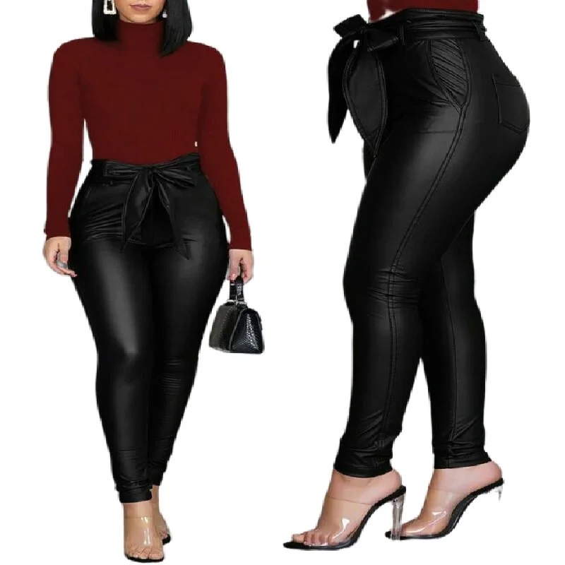 

2023 new Belt High Waist Pencil Pant Women Faux Leather PU Sashes Long Trousers Casual Sexy Fashion Pants