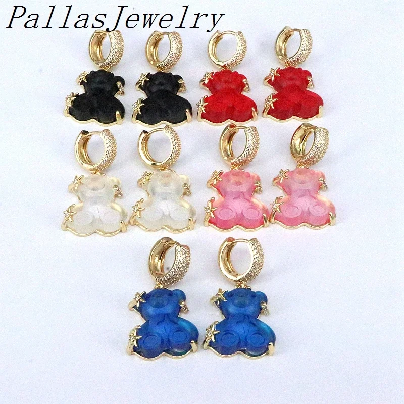 

5Pairs Lucky Fashion Cartoon Cute Resin Bear Pendant Earrings For Women Girls Animal Zircon Hoop Earrings 2023 Jewelry