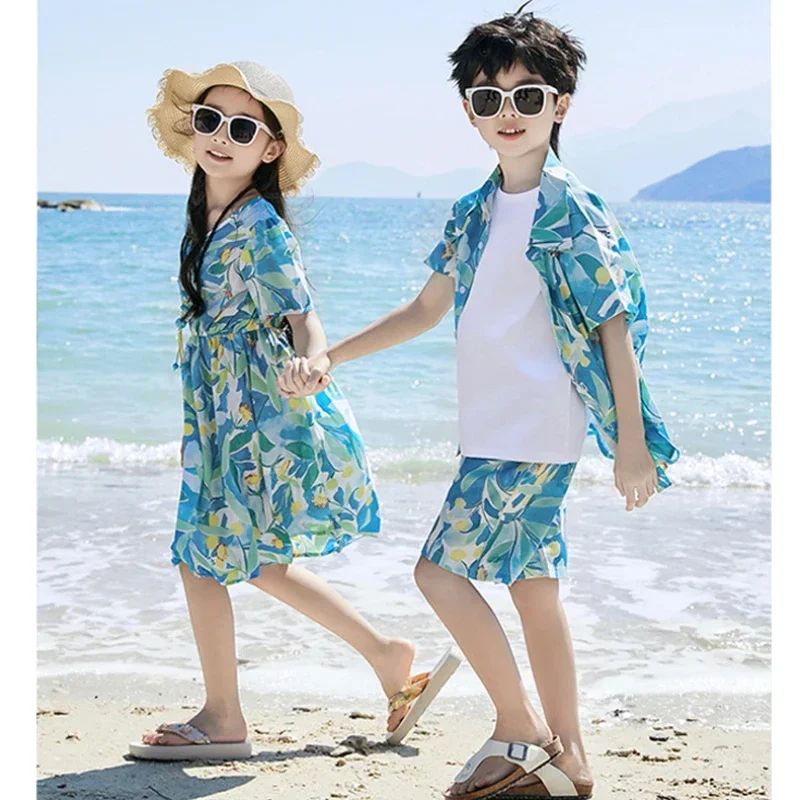Parent-child Matching Beach Couple Daughter Same Dress Father Son Shirts SetClothes Summer Vacation Look Family Clothing Mother 6