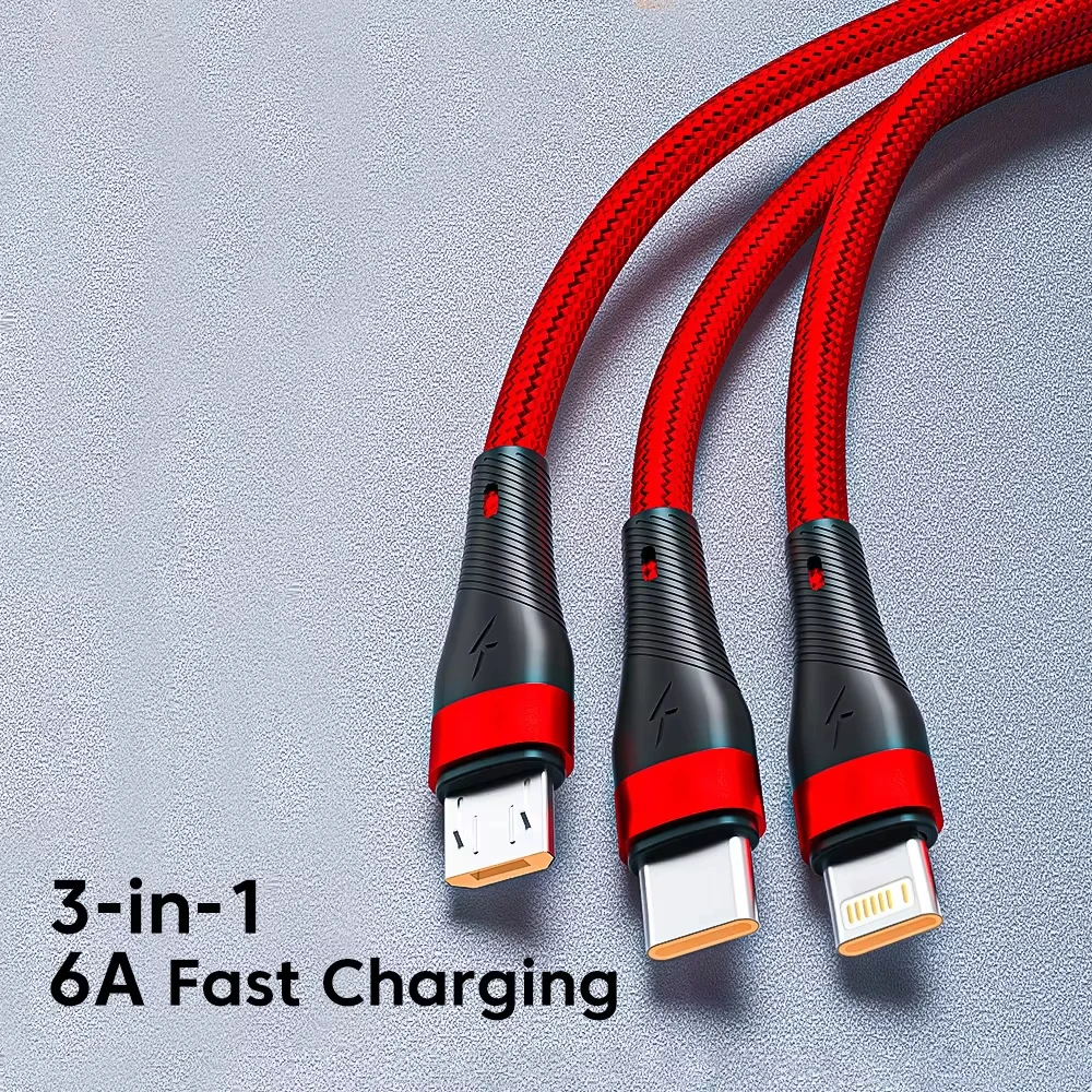 NNBILI 3 in 1 Fast Charging Cord 1.2m For iPhone 14 Samsung Xiaomi Huawei 100W 6A Micro USB Type-C Data Cable USBC Charge Wire Best Sellers In Phones Accessories