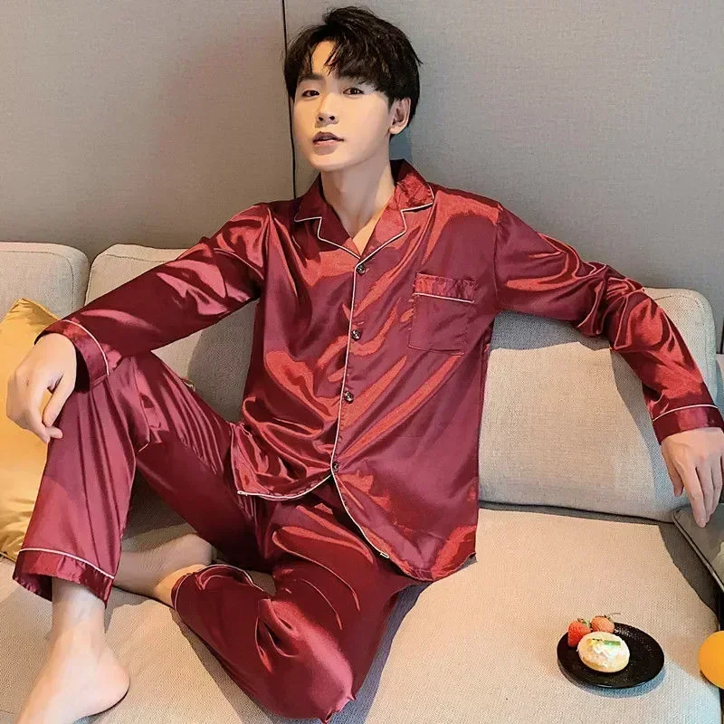 

Size Men Satin Loungewear Wear Pajama Fashion Long Soft Silk Casual Pyjama Big Man Male Sets Home Sleepwear For Sleeve New