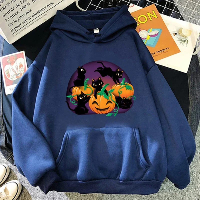 

Funny Cat and Pumpkin Halloween Graphic Female Hoodie Oversize Autumn Winter Casual Women Long Sleeve Hoody Oversized Hoodies