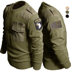 Vintage Casual Sweater Men Airborne Tactical Knitted Pullover Round Neck 100% Cotton Knitwear US Air Force Patch Winter Jersey