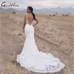 Boho V Neck Sheer Straps Wedding Dress Mermaid Satin Wedding Gown Classic Backless Dress For Bride robe de mariage nouveauté