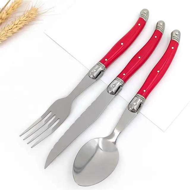 4-24 pz arcobaleno Laguiole posate manico in plastica colorata stoviglie coltello da bistecca nero forchetta cucchiaio cucchiaino rosso verde cena set 4