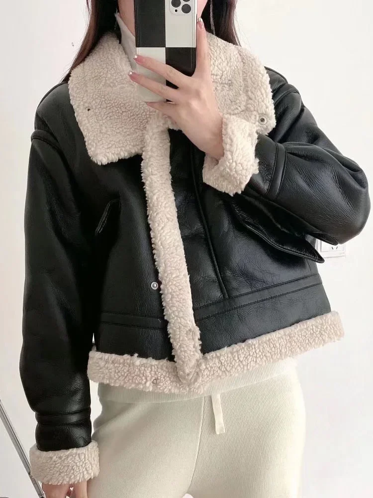 Winter Jacket Women Short Faux Leather Coat Shearling Sheepskin Retro Motorcycle Parkas Fleece Female Snow Outwear new 2022 women winter faux shearling sheepskin fake leather jackets lady thick warm suede lambs short motorcycle brown coats