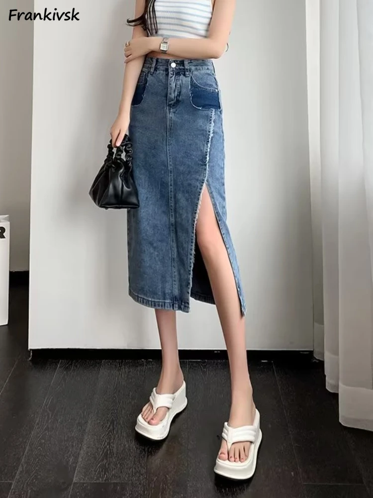 

S-5XL Skirts Women Denim Pockets Slit-design Temperament All-match Simple Daily Korean Style Soft Cozy Stylish Schoolgirls New