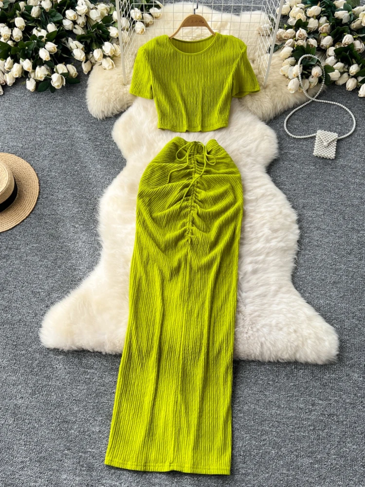 

Foamlina Summer Fashion Women Two Pieces Set Solid O Neck Short Sleeve Crop Top and Lace-up Ruched High Waist Long Skirt Suits