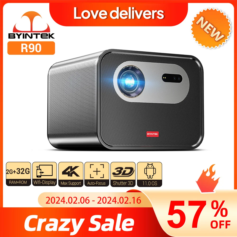 Byintek R90 Proiettore Dlp Full Hd 1080P 2200 Ansi Lumen Android Tv 11.0 Proiettore Home Theater Intelligente Supportato 3D 4K