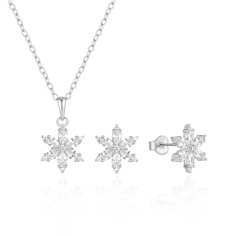 ROGHTS-Ensemble de boucles d'oreilles flocon de neige en argent regardé 925 avec pendentif, boucles d'oreilles à tige, collier, bijoux de fête de fiançailles, Noël, hiver, 3 pièces