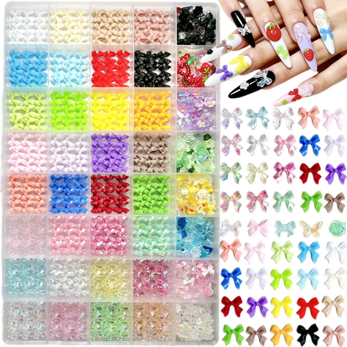 1박스 3D 마카롱 컬러 리본 레진 네일 아트 참 40가지 색상 미니멀리스트 스윗 플라워 나비 달 네일 장식 DIY