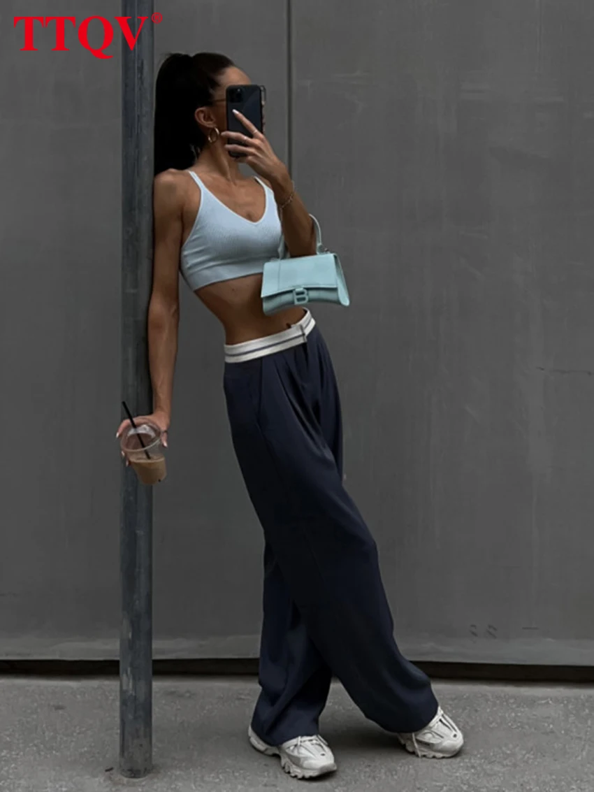 

TTQV Casual Gray Patchwork Women's Pants Autumn Elegant Pockets Loose Wide Leg Pants Fashion Office Lady High Waisted Trousere