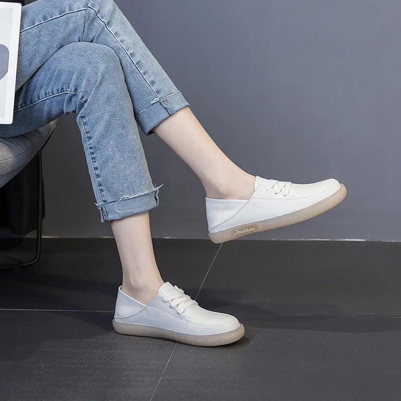 2.5cm Genuine Leather Women Oxfords Breathable Shoes Flats Comfy Lace Up Chunky Sneakers Spring Platform Wedge Loafer Slippers 5