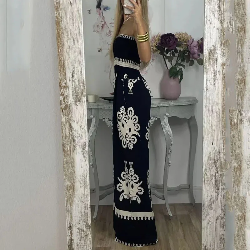 LIYONG Women Jumpsuit Fashion Sexy Print Sleeveless Nipped Waist Loose With Pockets Wide Legs Pants Romper High Streetwear