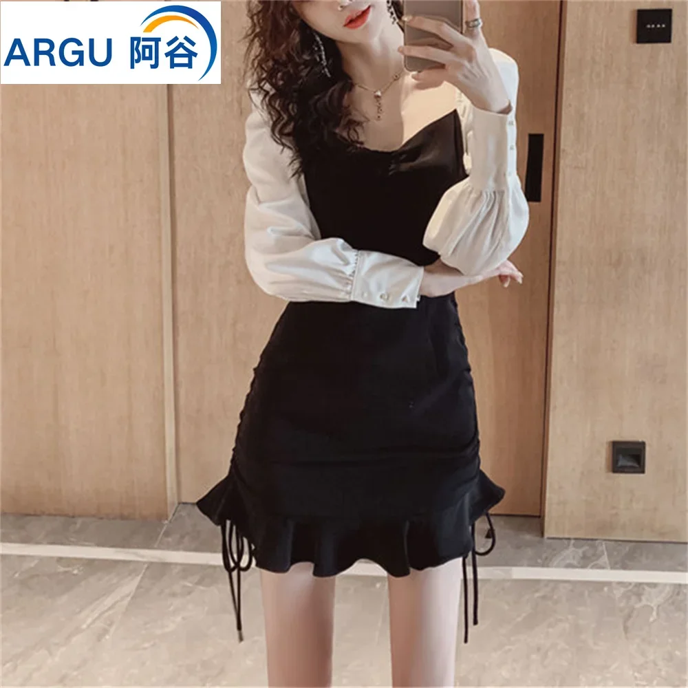 

Spring New Women Korean Version Long Sleeve Spliced Short Fishtail Bottom Dress with Temperament Waist Slim Fit Slim Skirt Women