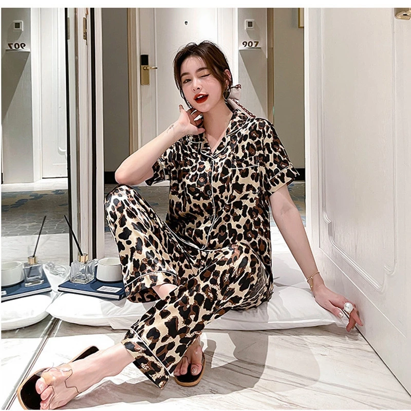 

M-7XL Plus Size Wear Loungewear Pyjamas Women Pijama Sleepwear Pj Set Satin Short Sleeve Nightwear Set Silk Pajamas for Women