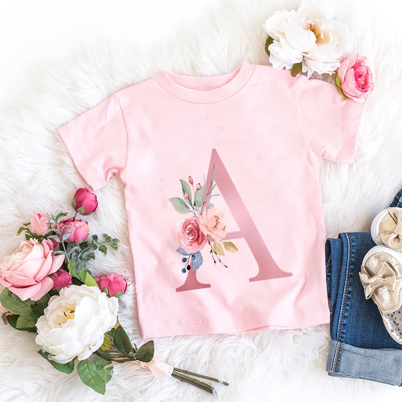 Pink New Flower Letter A B C D Children T-shirt Kawaii T Shirt Anime Cartoons Casual Clothes Kid Girl Boy Short Sleeve Top Tee 2