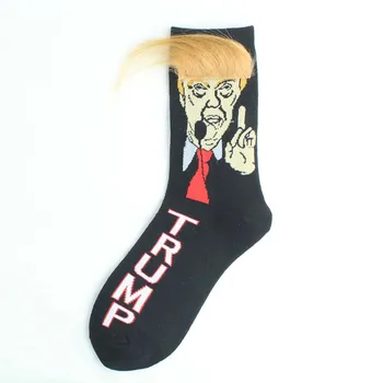 Spoof Funny President Donald Trump Socks With 3D Fake Hair Crew Socks Mens Compression Socks Streetwear Hip Hop 3