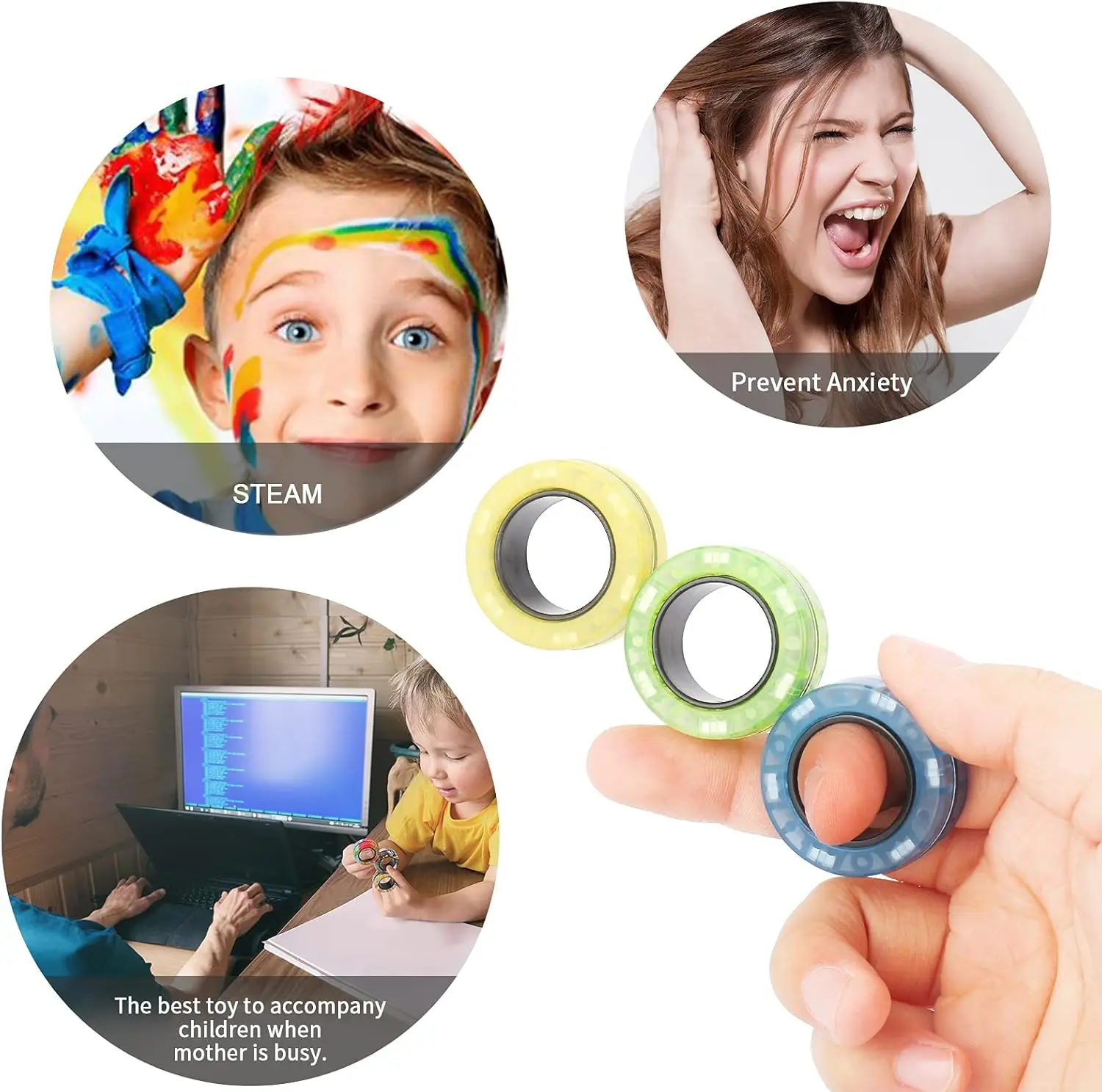 Fidget Toy 3pcs Magnetic Rings Spinner Finger Magnets Rings for Anxiety Relief Therapy Gift for Adults Teens Kid