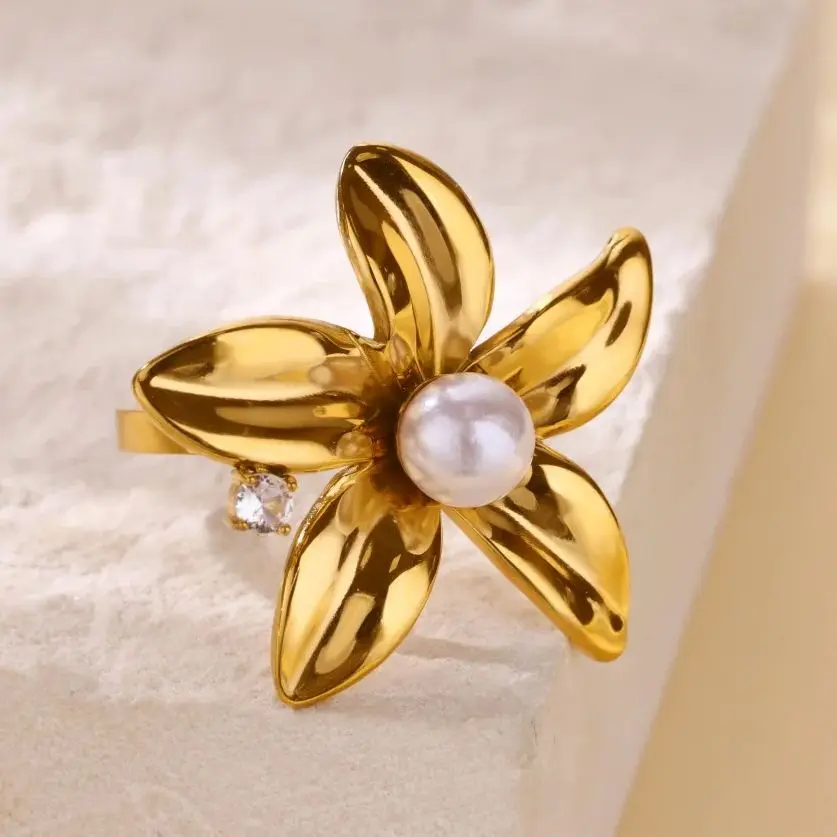 Gold Flower Ring With Zircon Pearl For Women