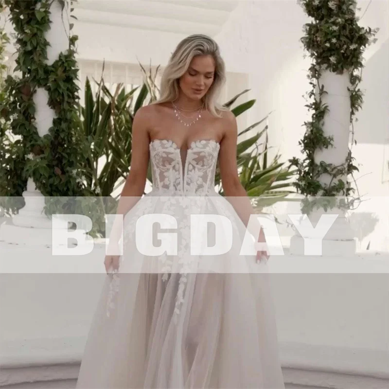 Elegant A-Line Wedding Dress Women  Lace Sweetheart Tulle Open Back Slit Strapless Bridal Gown Sweep Vestido De Noiva Customized 5