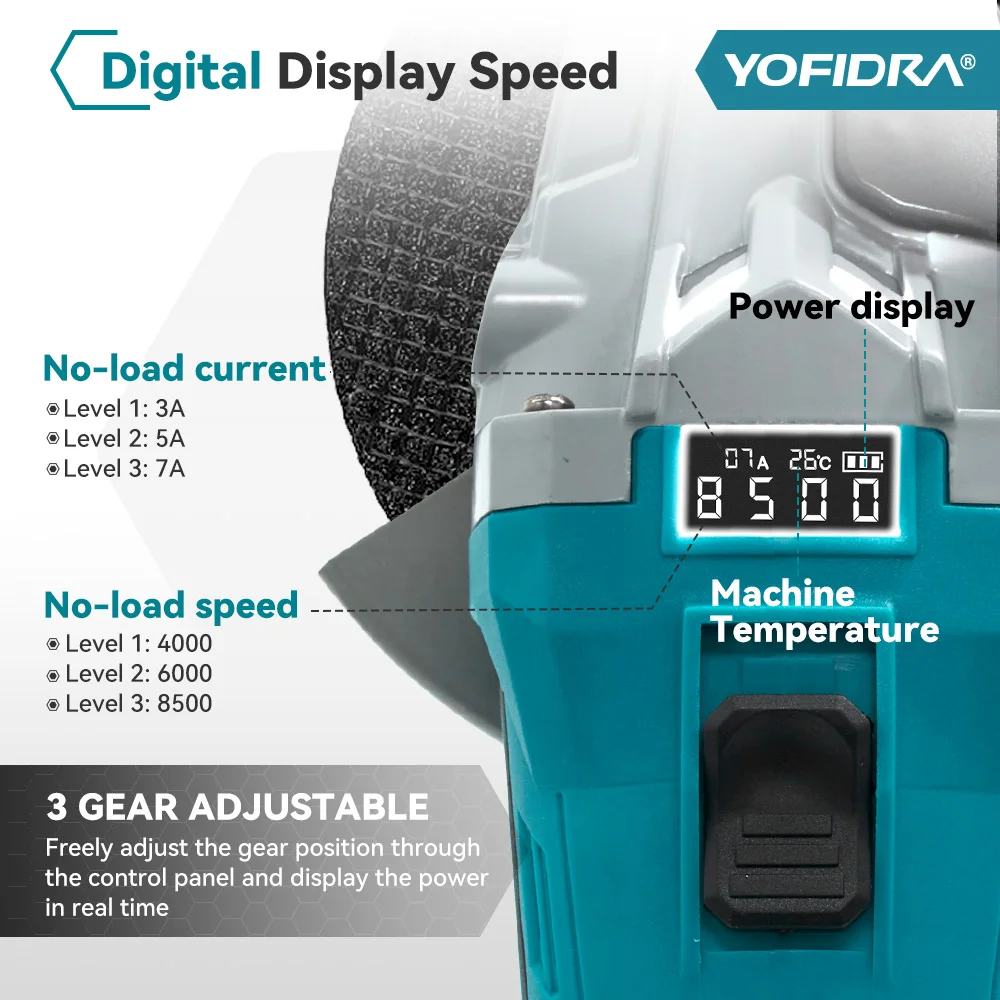 YOFIDRA 125mm Brushless Electric Angle Grinder Digital Display 3 Gear Cordless Polishing Woodworking Tool For Makita 18V Battery 3