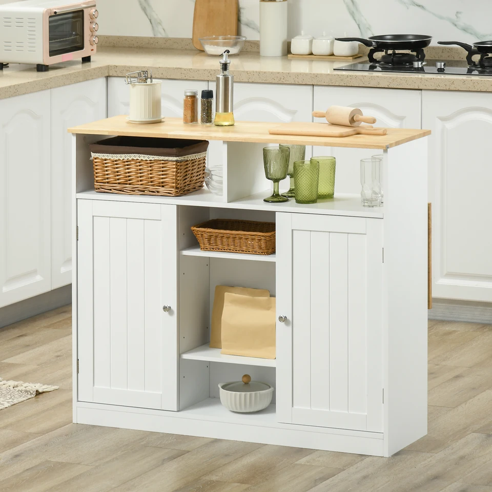 Isla De Cocina HOMCOM Con 3 Estantes - 105x65x90 Cm, Color Roble - Incluye Portacuchillos Y Soporte Para Microondas